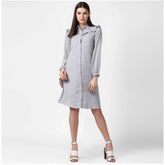 Generic Women's Polyester Floral Collar Neck Long Sleeves Dress (Blue)