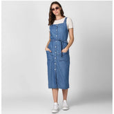 Generic Women's Denim Solid Round Neck Sleeveless Dress (Blue)