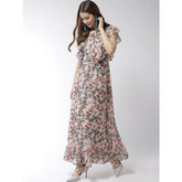 Generic Women's Polyester Floral Round Neck Flutter Dress (Multicolor)