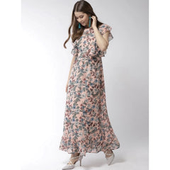 Generic Women's Polyester Floral Round Neck Flutter Dress (Multicolor)