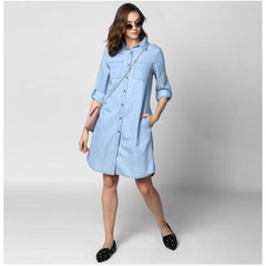 Generic Women's Denim Solid Collar Neck Roll Up Sleeve Dress (Blue)