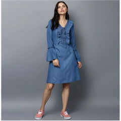 Generic Women's Denim Solid V-Neck Bell Sleeve Dress (Blue)