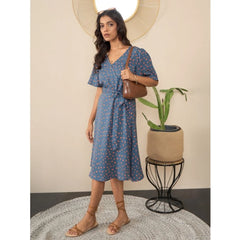 Generic Women's Polyester Moss Polka V-Neck Bell Sleeve Dress (Grey)