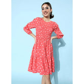 Generic Women's Polyester Moss Polka Round Neck 3/4th Sleeves Dress (Pink)
