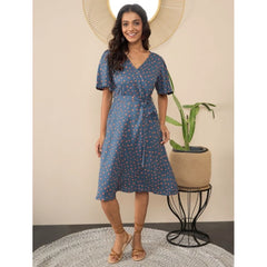 Generic Women's Polyester Moss Polka V-Neck Bell Sleeve Dress (Grey)