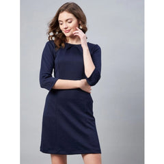 Generic Women's Polyester Jacquard Self Design Round Neck 3/4th Sleeves Dress (Navy)