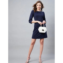 Generic Women's Polyester Jacquard Self Design Round Neck 3/4th Sleeves Dress (Navy)