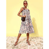 Generic Women's Georgette Floral Square Neck Sleeveless Dress (Peach)