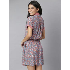 Generic Women's Polyester Moss Floral Collar Neck Short Sleeve Dress (Grey-Red)