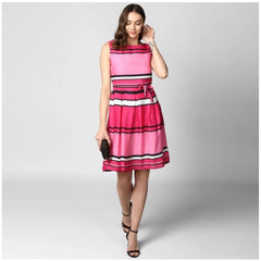 Generic Women's Polyester Striped Close Neck Sleeveless Dress (Pink)