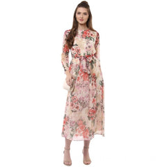 Generic Women's Chiffon Floral Round Neck Long Sleeves Dress (Multicolor)