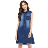 Generic Women's Denim Solid Collar Neck Sleeveless Dress (Blue)