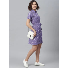 Generic Women's Polyester Polka Collar Neck Short Sleeve Dress (Lavender)