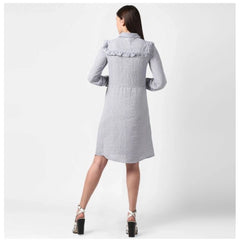 Generic Women's Polyester Floral Collar Neck Long Sleeves Dress (Blue)