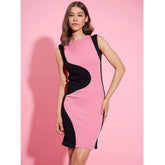 Generic Women's Polyester Lycra Color Blocking Round Neck Sleeveless Dress (Pink-Black)