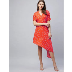Generic Women's Polyester Floral V-Neck Short Sleeve Dress (Orange)
