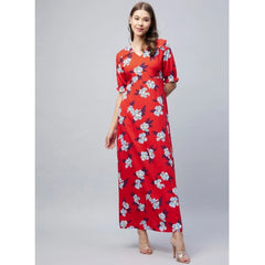Generic Women's Cotton Blend Floral V-Neck Half Sleeve Dress (Blue-Red)