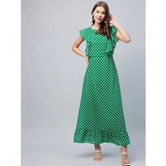 Generic Women's Polyester Polka Close Neck Flutter Dress (Green)
