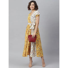 Generic Women's Polyester Floral V-Neck Short Sleeve Dress (Yellow-White)