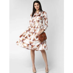 Generic Women's Polyester Pleated Collar Neck Long Sleeves Dress (White)