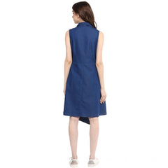 Generic Women's Denim Solid Collar Neck Sleeveless Dress (Blue)