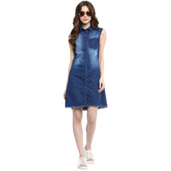 Generic Women's Denim Solid Collar Neck Sleeveless Dress (Blue)