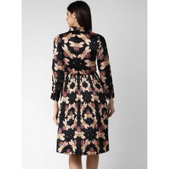 Generic Women's Polyester Pleated Collar Neck Long Sleeves Dress (Black)