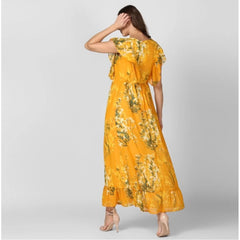 Generic Women's Polyester Floral Round Neck Butterfly Sleeve Dress (Yellow)