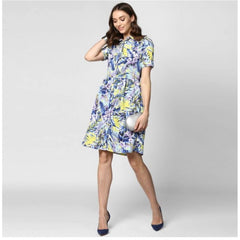 Generic Women's Polyester Floral Collar Neck Short Sleeve Dress (Blue-Yellow)