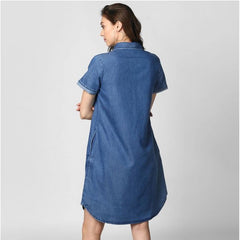 Generic Women's Denim Solid Collar Neck Short Sleeve Dress (Blue)
