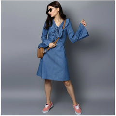 Generic Women's Denim Solid V-Neck Bell Sleeve Dress (Blue)