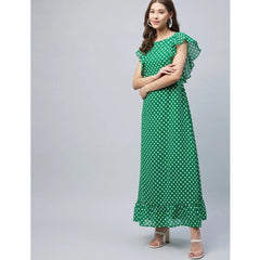 Generic Women's Polyester Polka Close Neck Flutter Dress (Green)