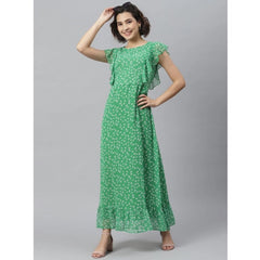 Generic Women's Polyester Floral Round Neck Short Sleeve Dress (Green)
