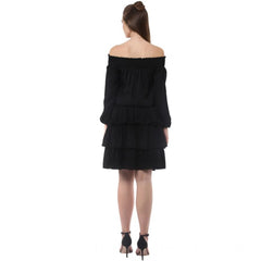 Generic Women's Polyester Moss Solid Off-Shoulder Long Sleeves Dress (Black)