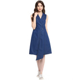 Generic Women's Denim Solid Collar Neck Sleeveless Dress (Blue)