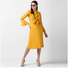 Generic Women's Polyester Ruffled Close Neck Long Sleeves Dress (Yellow)
