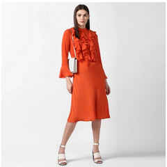 Generic Women's Polyester Ruffled Close Neck Long Sleeves Dress (Orange)