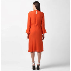 Generic Women's Polyester Ruffled Close Neck Long Sleeves Dress (Orange)