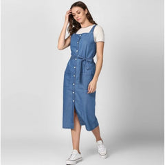 Generic Women's Denim Solid Round Neck Sleeveless Dress (Blue)