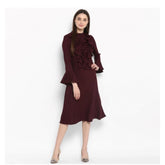 Generic Women's Polyester Ruffled Close Neck Bell Sleeve Dress (Maroon)