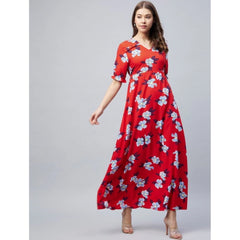 Generic Women's Cotton Blend Floral V-Neck Half Sleeve Dress (Blue-Red)
