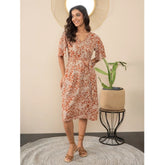 Generic Women's Polyester Moss Floral V-Neck Bell Sleeve Dress (Brown)