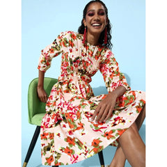 Generic Women's Polyester Moss Polka Round Neck 3/4th Sleeves Dress (Multicolor)