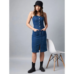 Generic Women's Denim Lycra Solid Square Neck Shoulder Straps Dress (Blue)