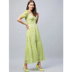 Generic Women's Polyester-Cotton Blend Checkered Square Neck Half Sleeve Dress (Lime Green)