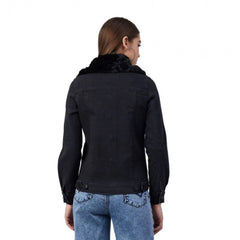 Generic Women's Denim & Faux Fur Washed Long Sleeve Jacket (Black)