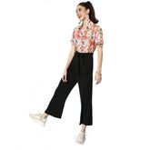 Generic Women's Polyester Printed 3/4th Sleeve Jumpsuit (Peach - Black)