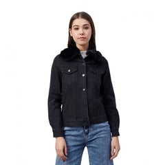 Generic Women's Denim & Faux Fur Washed Long Sleeve Jacket (Black)
