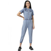 Generic Women's Denim Self Design Tie Ups Jumpsuit (Blue)
