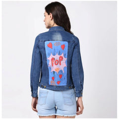 Generic Women's Denim Hand Painted Long Sleeve Jacket (Blue)
